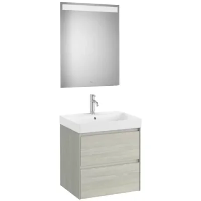Set mobilier baie 65x46xH65 cm, lavoar si oglinda LED Roca Ona bej