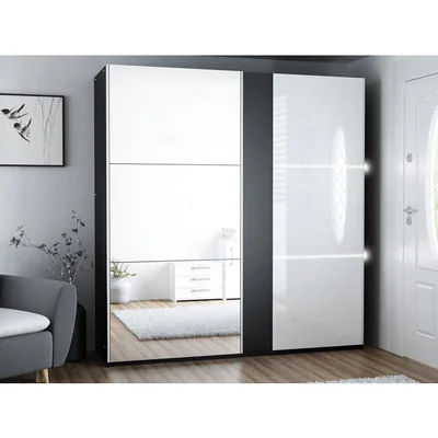 Dulap Tunis cu oglinda si usi culisante, pal melaminat, 200x65x215 cm, grafit