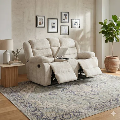 Canapea recliner Relax 2 locuri gri, catifea, suport picioare, pahare si spatiu depozitare, design ergonomic