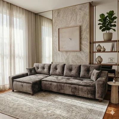 Coltar Roma Tip 2 extensibil, gri- 342x166 cm, lada depozitare, stofa premium