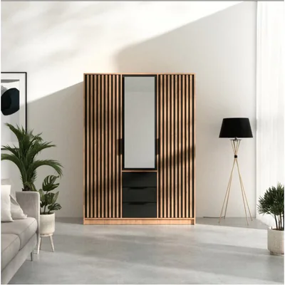 Dulap Bali D3 Lux, oglinda, bara haine, 3 sertare, PAL laminat, 200x147x58 cm, negru