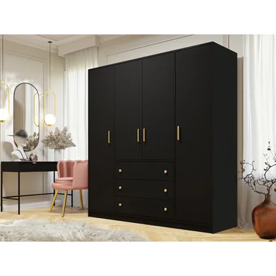 Dulap Retro D4 cu 3 sertare, sina si rafturi, banda decorativa si carcasa laminata, 196x58x200 cm, negru