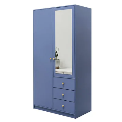 Dulap Siena 2 D2, design modern cu doua usi si oglinzi, PAL melaminat, 100x58x200 cm, albastru