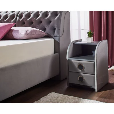 Noptiera Frankfurt, gri - 42x58x41 cm, cu 2 sertare, tapitata cu stofa, PAL melaminat