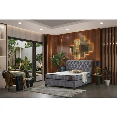 Pat cu saltea Gratis Comfort, gri - 160x200 cm, lada depozitare, somiera rabatabila, topper confort, structura metal + lemn + PAL, tapiterie stofa premium