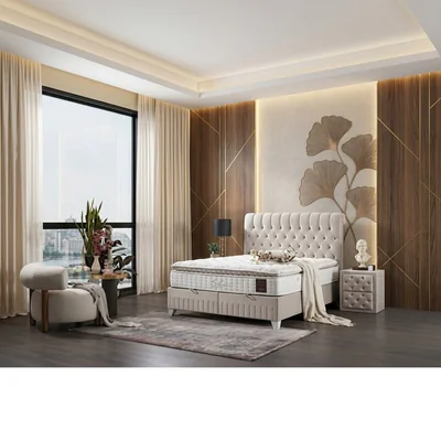 Pat cu saltea Gratis Lexus, bej - 160x200 cm, lada depozitare, topper integrat, structura metal + lemn + PAL, tapiterie stofa premium