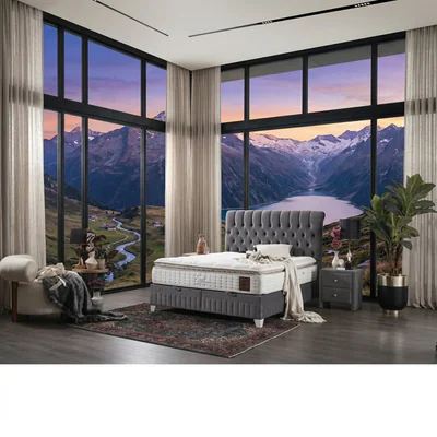 Pat cu saltea Gratis Lexus, gri - 160x200 cm, lada depozitare, topper integrat, structura metal + lemn + PAL, tapiterie stofa premium