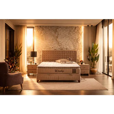 Pat cu saltea Gratis Wooly, gri - 160x200 cm, lada depozitare, design modern, topper inclus, structura metal + lemn + PAL, tapiterie stofa premium