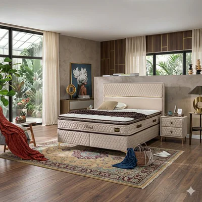 Pat Petek, crem - 160x200 cm, tablie capitonata, spatiu depozitare integrat, tapiterie stofa premium