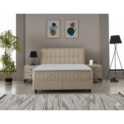 Pat + Saltea gratis Ortax, crem - 160/200 cu somiera rabatabila, lada de depozitare si tesatura premium