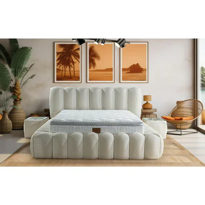 Pat +Saltea Gratis ,tapitat Madonna 160x200 cm crem cu somiera rabatabila si lada depozitare