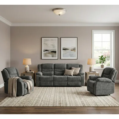 Set canapea recliner Relax 3+1+1, canapea si doua fotolii cu functie de relaxare, tapiterie catifelata, gri