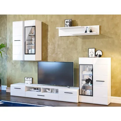 Set Mobila Living Arctic, 5 Piese Cu Spatii De Depozitare, PAL Melaminat, 275.5x38x200 cm, Alb