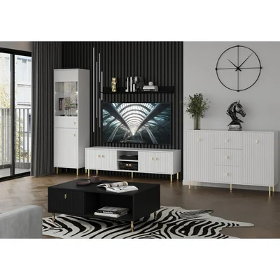 Set Mobilier Living Piano, Accente Aurii: Vitrina, Comoda si Comoda TV