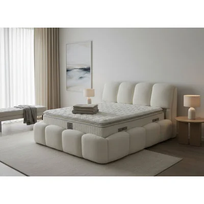 Set pat + Saltea Gratis ,tapitat Shakira 160x200 cm crem ERATO 01 cu somiera rabatabila, lada depozitare si saltea inclusa