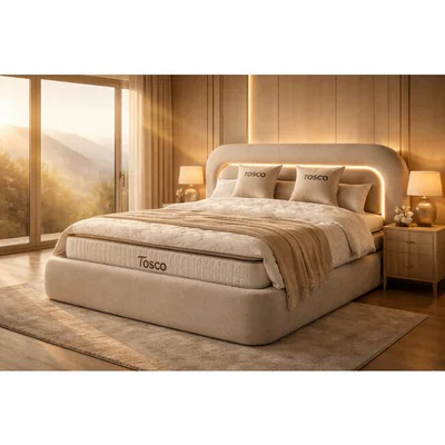 Set pat+saltea GRATIS tapitat Tosco 160x200 cm crem cu somiera rabatabila, lada depozitare