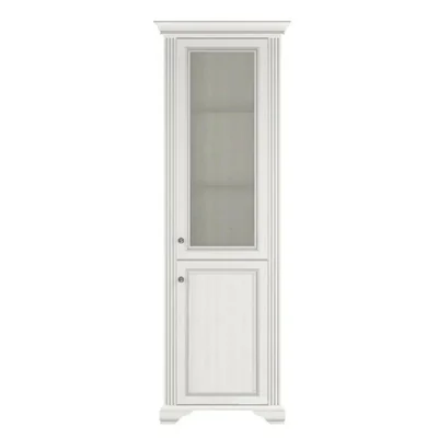Vitrina White 1D1W, design clasic cu cornisa sculptata, MDF frezat si PAL melaminat, balamale Hafele si manere metalice, 76x43x221 cm, frasin alb/pin argintiu