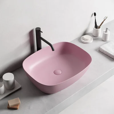 Lavoar baie pe blat, dreptunghiular margini rotunde, roz mat, Bristol Foglia