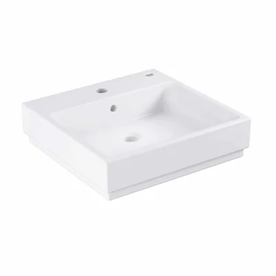 Lavoar baie pe blat alb 50 cm, patrat, orificiu baterie, Grohe Cube Ceramic Pure Guard