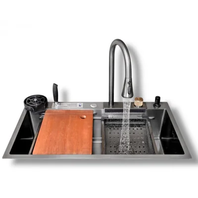 set chiuveta bucatarie multifunctionala baterie cu dus extractibil si accesorii 750x460 gri antracit top ceramic