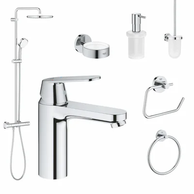Set coloana dus si baterie lavoar Grohe Cosmopolitan cu accesorii baie Grohe Essentials, crom