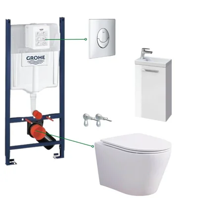 set dulap baie cu lavoar si baterie cersanit vas wc rimless cu capac soft close oslo rezervor incastrat si clapeta crom