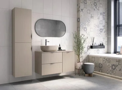 Set mobilier baie complet cu riflaje Cersanit Tirso cu lavoar, dulap suspendat si oglinda