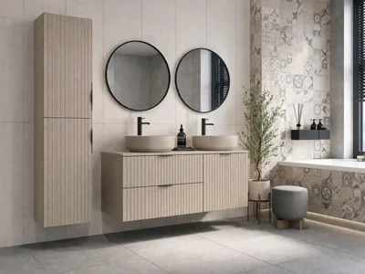 Set mobilier baie complet cu riflaje Cersanit Tirso cu 2 lavoare, dulap suspendat si 2 oglinzi