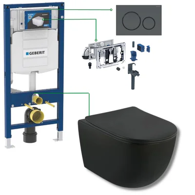 Set vas wc rimless suspendat negru mat Fluminia cu rezervor incastrat, modul DuoFresh si clapeta neagra Geberit