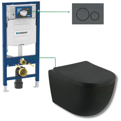 Set vas wc tornado suspendat negru mat cu capac soft close Foglia, rezervor incastrat si clapeta Geberit Sigma