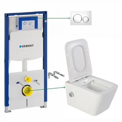 Set vas wc suspendat cu functie bideu si baterie crom inclusa Foglia Safari, rezervor wc incastrat si clapeta alb lucios, Geberit Sigma