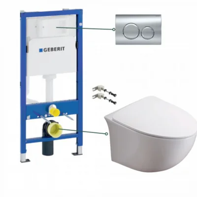 Set vas wc suspendat rimless cu capac soft close Foglia Alice, rezervor incastrat si clapeta crom Geberit