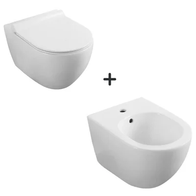 Set vas WC suspendat rimless, cu capac soft close si bideu, Minerva