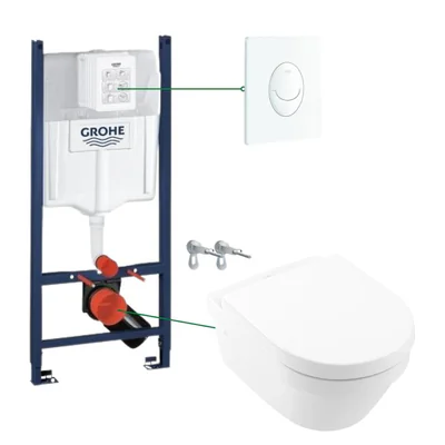 Set vas wc suspendat rimless cu capac VilleroyBoch, Architectura plus rezervor incastrat si clapeta alba Skate Air Grohe