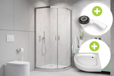 Set PROMO cabina dus Radaway Alienta A 90x90xH190 cm, sifon si cadita Tinos A Compact