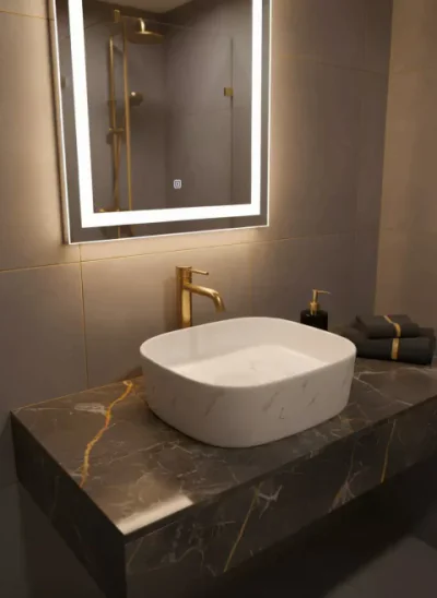 Lavoar ceramic pe blat alb cu finisaj marmorat – A707-CUGO7-M