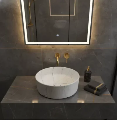 Lavoar Ceramic Rotund Alb cu Model Marmura Neagra a712-p429m