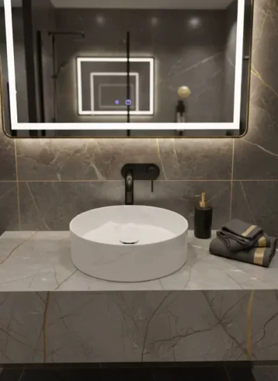 Lavoar Rotund Alb din Ceramica cu Finisaj Marble Subtil - a712-cugo04-m