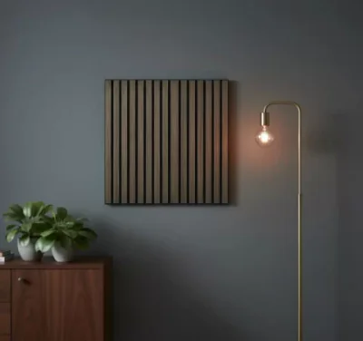 Panou riflaj decorativ – Set 4 Bucati - lamele verticale nuc inchis pe baza neagra