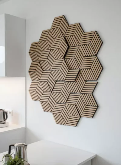 Panou riflaj decorativ, hexagonal – Set 4 Bucati - stejar natur