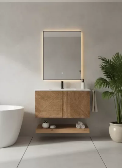 Set Mobilier Baie din Lemn cu Design Geometric & Oglinda LED – Model Premium