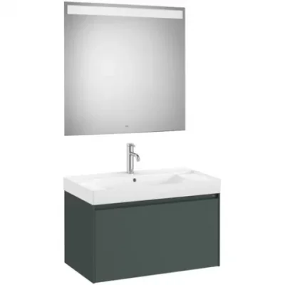 Set mobilier baie 80x46xH50 cm, lavoar si oglinda LED Roca Ona verde mat