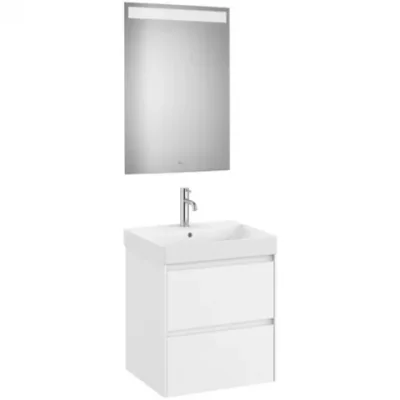 Set mobilier baie 55x46xH65 cm, lavoar si oglinda LED Roca Ona alb mat