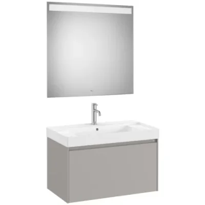 Set mobilier baie 80x46xH50 cm, lavoar si oglinda LED Roca Ona gri mat
