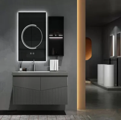 Set mobilier baie suspendat Kyoto cu lavoar si dulap cu oglinda LED – gri