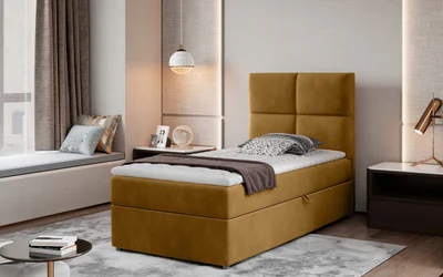 Pat tapitat cu lada depozitare, 90x200 cm, ELTAP, Riv-04, Rivia, lemn/poliester, mustar