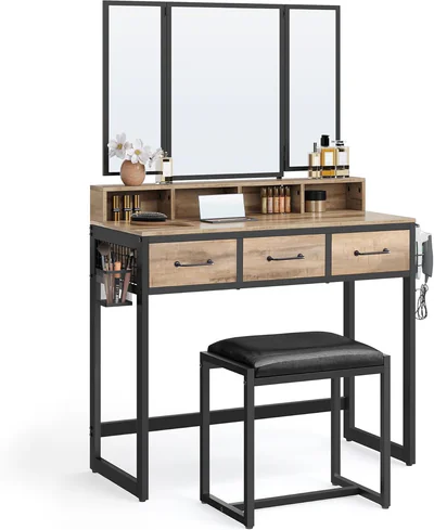 Masa de toaleta cu taburet / Masuta dressing, Vasagle, Industrial, 90x40x141 cm, PAL/otel/piele ecologica, natural