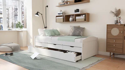 Pat multifunctional pentru o persoana, 90x200 cm, Ulli, Inter Link, lemn, alb