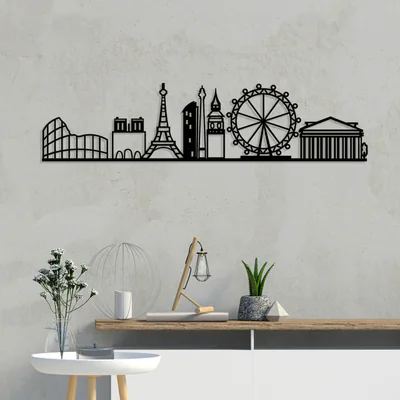 Decoratiune de perete, European Cities Skyline, Dimensiune: 120 x 29 cm, Negru
