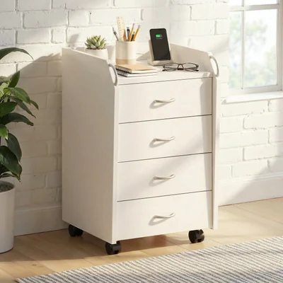 Masuta cu roti / dulap de birou Pronti, Inter Link, 40x36x65 cm, MDF, alb